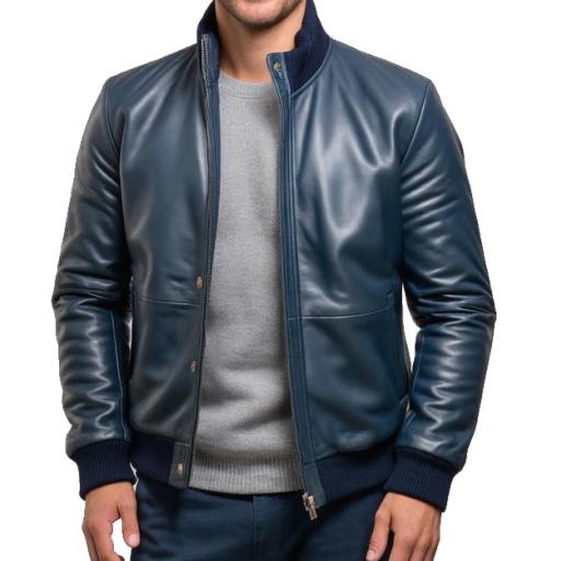 Mens Blue Leather Bomber Jacket - Pacific