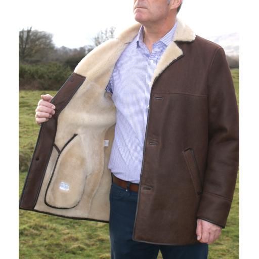 Mens Brown Sheepskin Car Coat - Foxhill - Superior Quality - Cream Wool Lining