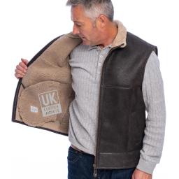 Mens Shearling Sheepskin Gilet - Matt Vintage Brown Leather  & Full Wool Inside Lining