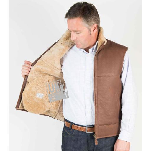 Mens Shearling Sheepskin Gilet - Chestnut Tan Leather Exterior Full Wool Interior