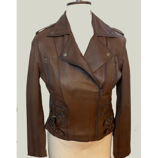 Womens Brown Tan Leather Biker Jacket - Riva - Size 10 only