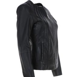 Womens Collarless Black Leather Jacket - Alegra  - Side Slot Pockets