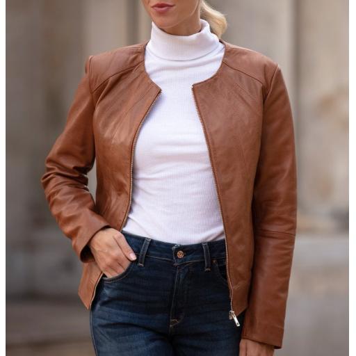Womens Collarless Tan Leather Jacket - Alegra - Centre Front Zip