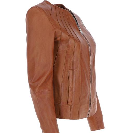 Womens Collarless Tan Leather Jacket - Alegra - Side Slot Pockets