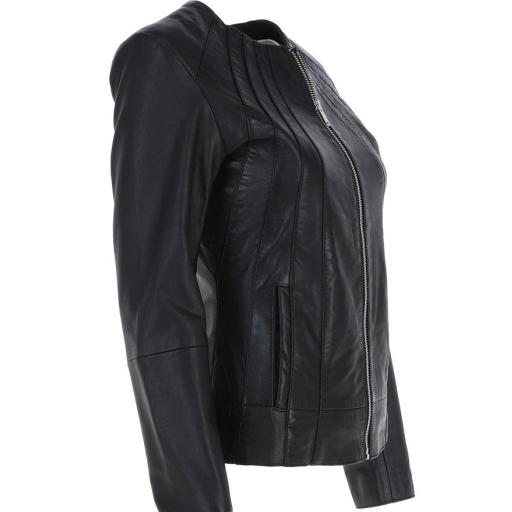 Womens Collarless Black Leather Jacket - Alegra  - Side Slot Pockets