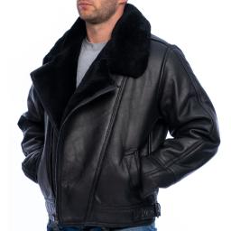 Men's Black Sheepskin Flying Jacket - Vintage Aviator - Asymmetric Cross Zip 