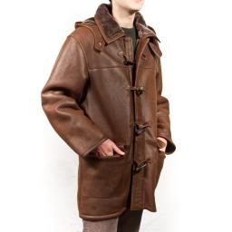 Finest Men's Brown Shearling Sheepskin Duffle Coat - Regent - Zip & Button Fastening