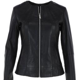 Womens Collarless Black Leather Jacket - Alegra -  Front