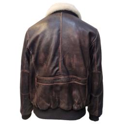 Mens Brown Leather Pilot Flight Jacket - Detach Real Wool Collar - Elasticated Waistband