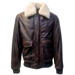 Mens Brown Leather Pilot Flight Jacket - Detach Real Wool Collar - Real Wool Collar