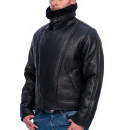 Men's Black Sheepskin Flying Jacket - Vintage Aviator - High Wind Shield Collar