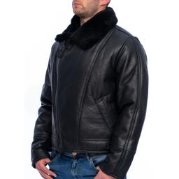 Men's Black Sheepskin Flying Jacket - Vintage Aviator - Fold Down Russian Collar