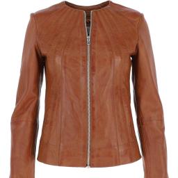 Womens Collarless Tan Leather Jacket - Alegra -  Centre Zip
