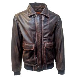 Mens Brown Leather Pilot Flight Jacket - Detach Real Wool Collar - Removable Wool Collar