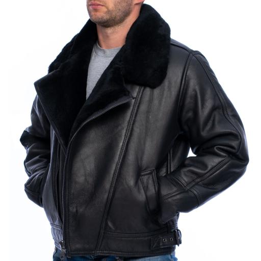 Men's Black Sheepskin Flying Jacket - Vintage Aviator - Asymmetric Cross Zip 
