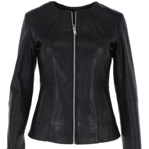 Womens Collarless Black Leather Jacket - Alegra
