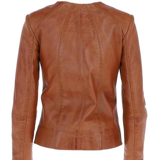 Womens Collarless Tan Leather Jacket - Alegra -  Circular Collar