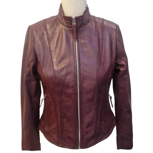 Womens Burgundy Zip Leather Jacket - Lucinda