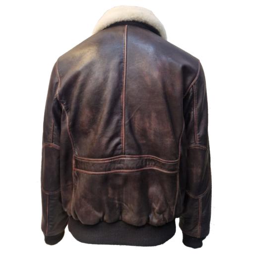 Mens Brown Leather Pilot Flight Jacket - Detach Real Wool Collar - Elasticated Waistband