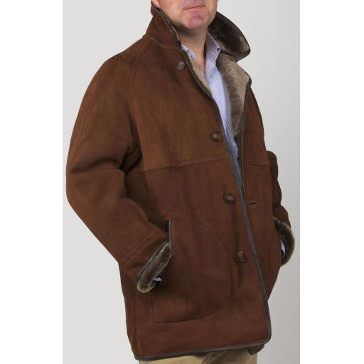Finest Men's Dark Tan Shearling Sheepskin Car Coat - Envoy - LAST FEW !