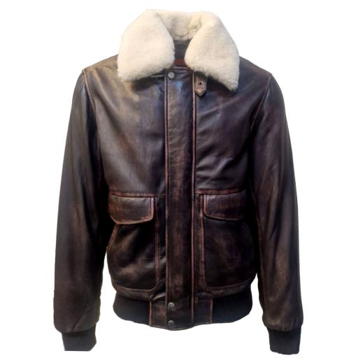 Mens Brown Leather Pilot Flight Jacket - Detach Real Wool Collar - Superior
