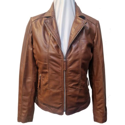 Womens Tan Zip Leather Jacket - Lapel V Collar -  Zoe