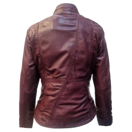 Womens Burgundy Zip Leather Jacket - Lucinda - Back Panel