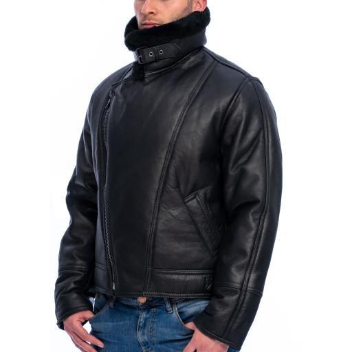 Men's Black Sheepskin Flying Jacket - Vintage Aviator - High Wind Shield Collar
