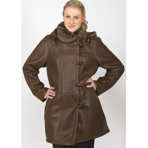 Ladies Plus Size Sheepskin Duffle Coat - Lea - Brown Wool - Superior Quality