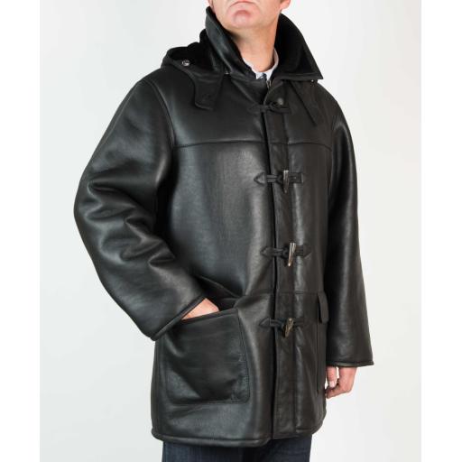 Finest Men's Black Shearling Sheepskin Duffle Coat - Regent