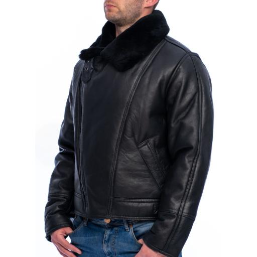 Men's Black Sheepskin Flying Jacket - Vintage Aviator - Fold Down Russian Collar