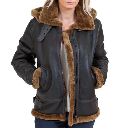 Women's Sheepskin Flying Jacket - Detach Hood - Brown - Eva