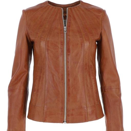 Womens Collarless Tan Leather Jacket - Alegra