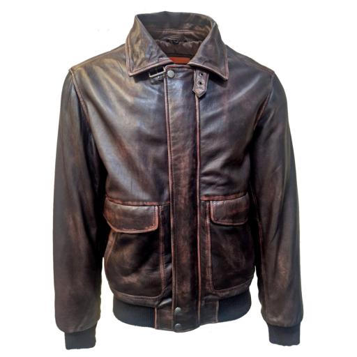 Mens Brown Leather Pilot Flight Jacket - Detach Real Wool Collar - Removable Wool Collar