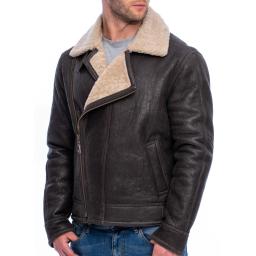 Mens Shearling Sheepskin Flying Jacket - Vail - Aged Crinkle Brown -- Asymmetric Zip