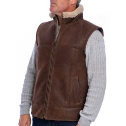 Mens Chestnut Brown Sheepskin Gilet - Vancouver  - Zipper - Stand Up Collar 