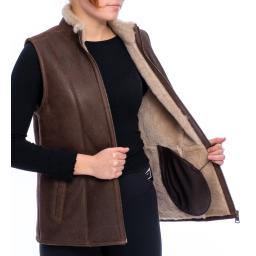 Womens Sheepskin Zip Gilet - Chestnut Brown - Soft Wool Lining
