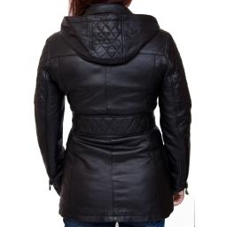 Womens Black Leather Hip Length Jacket - Easy Glide Zip Out / Removable Hood - Eclipse - 