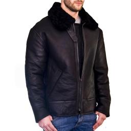 Men's Shearling Sheepskin Flying Jacket - Black Wool - Atlas - Center Zip
