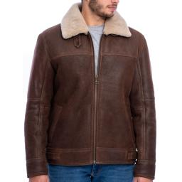 Mens Shearling Sheepskin Flying Jacket - Calgary - Chestnut Brown Nubuck - Centre Zip