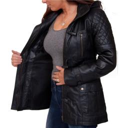 Womens Black Leather Hip Length Jacket - Detach Hood - Eclipse - Fully Lined