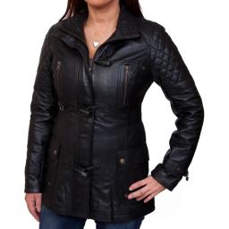 Womens Black Leather Hip Length Jacket - Detach Hood - Eclipse - Diamond Quilted Stitching