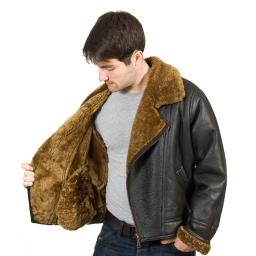 Men's Shearling Sheepskin Flying Jacket - Vintage Aviator - Soft Brown Wool Lining