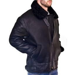 Men's Shearling Sheepskin Flying Jacket - Black Wool - Atlas - Comfort Fit