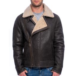 Mens Shearling Sheepskin Flying Jacket - Vail - Aged Crinkle Brown - Lapel Collar