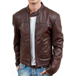 Men's Chestnut Brown Leather Jacket - Assantii - Short Collar and Classic Plain Design