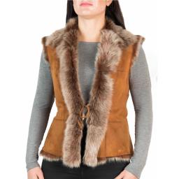 Womens Tan Toscana Sheepskin Gilet - Reversible - Long Wool Collar Trim