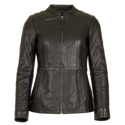 Womens Black Leather Zip Jacket - Hip Length - Clara - Short MandarinCollar