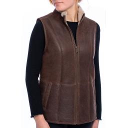 Womens Sheepskin Zip Gilet - Chestnut Brown - Hip Length