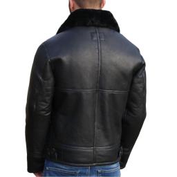 Men's Shearling Sheepskin Flying Jacket - Black Wool - Atlas - Waist Adjuster Buckles